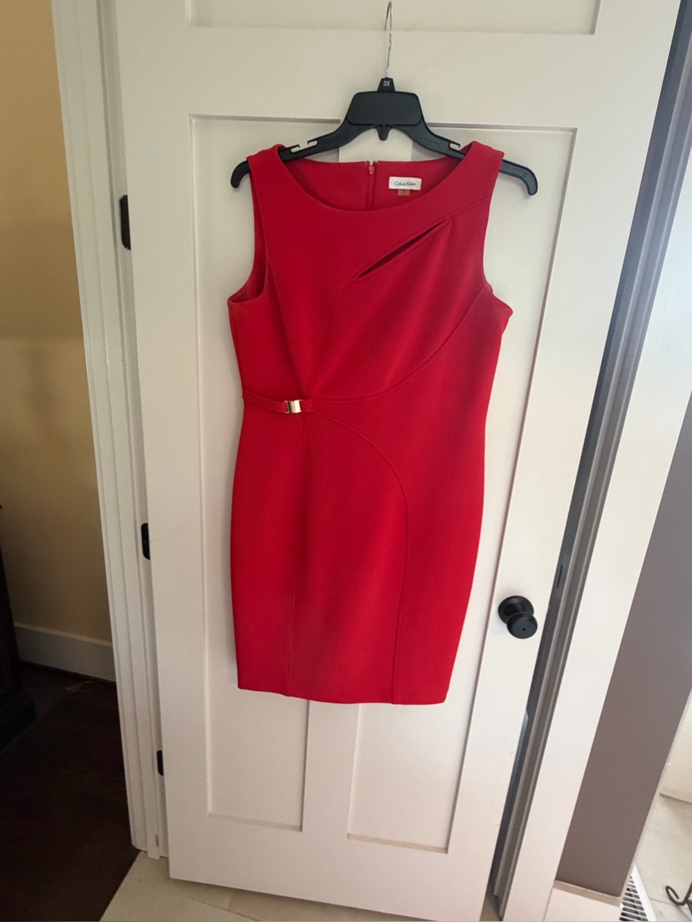 Calvin Klein Red Sleeveless Sheath Dress with Gold Buckle